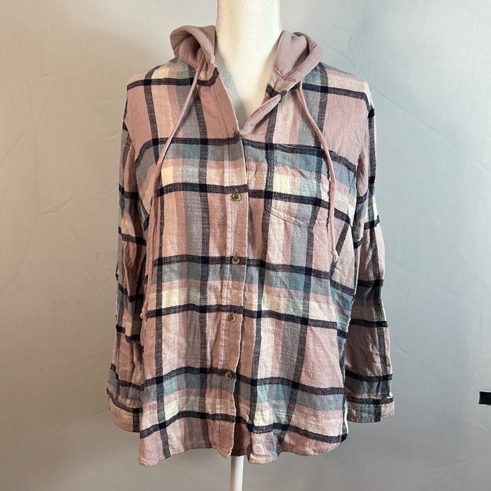 American Eagle Size XS Pink Plaid Oversized Hooded Flannel Shirt Jacket